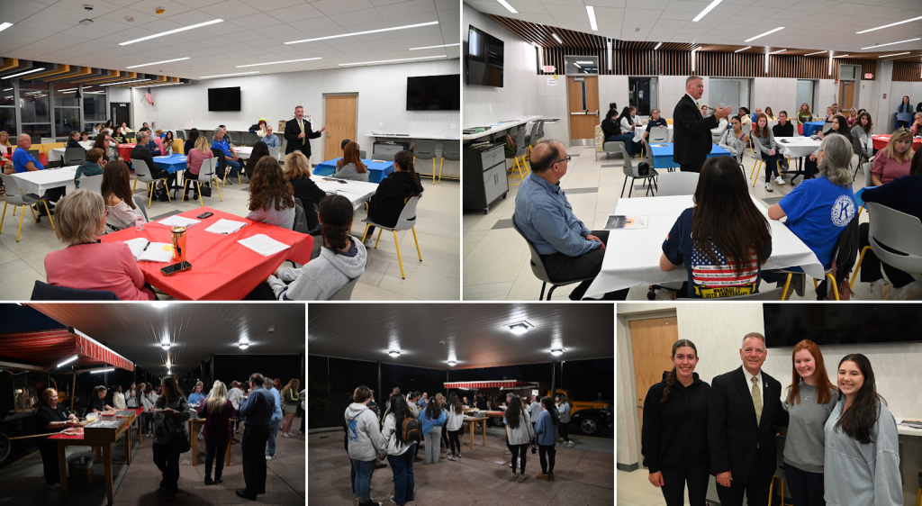 A collage of images showing a community gathering in a well-lit hall with tables, people conversing, and a speaker presenting.